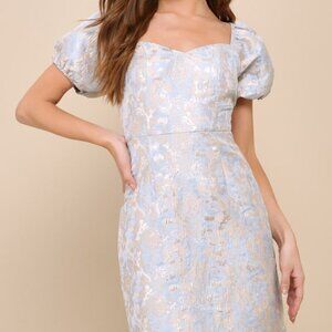 Lulus Cutest Praise Light Blue Floral Jacquard Puff Sleeve Mini Dress - Size XS